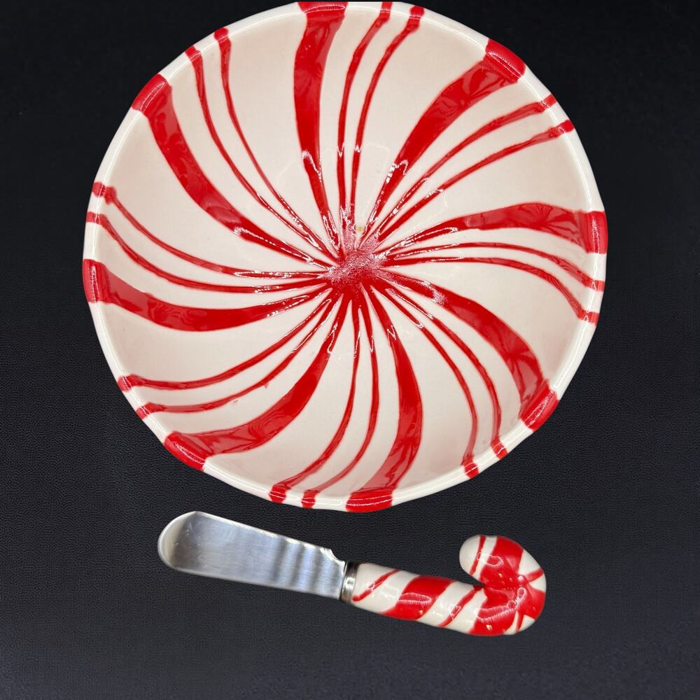 Hallmark Candy Cane swirl Dip Bowl Spreader Red White Peppermint Ceramic Set